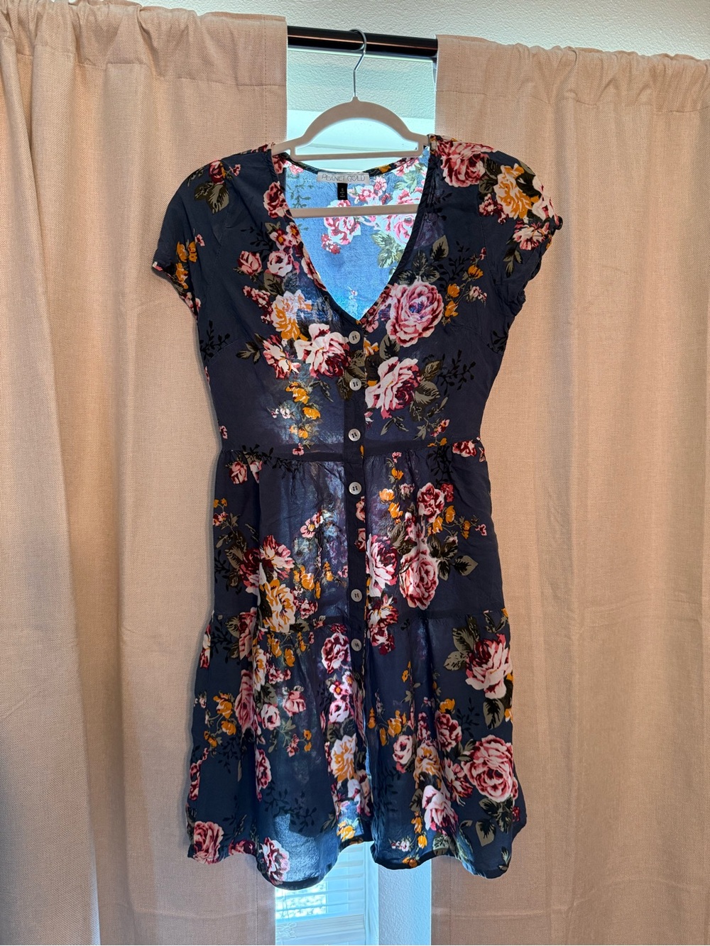 Floral Button-Front V-Neck Mini Dress in Navy with Pink & Yellow Roses